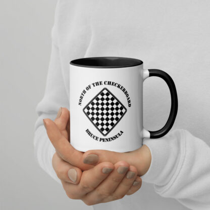 White Ceramic Mug Colour Inside with North of the Checkerboard Logo