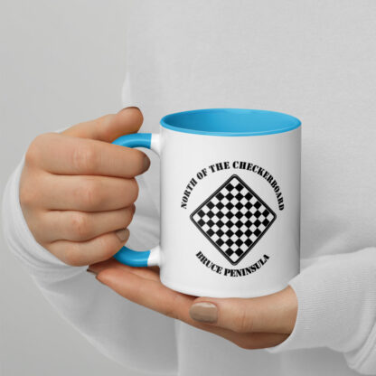 White Ceramic Mug Colour Inside with North of the Checkerboard Logo