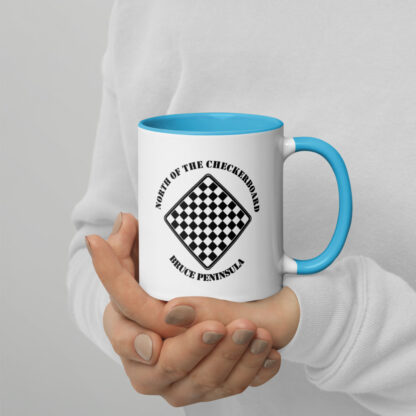 White Ceramic Mug Colour Inside with North of the Checkerboard Logo