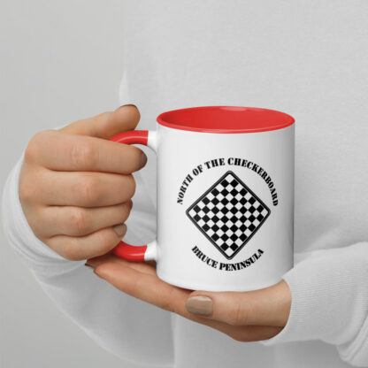 White Ceramic Mug Colour Inside with North of the Checkerboard Logo