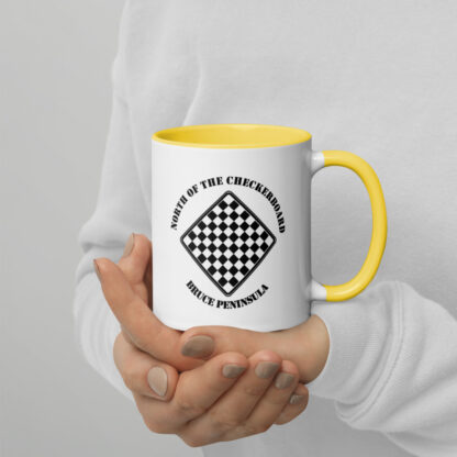 White Ceramic Mug Colour Inside with North of the Checkerboard Logo