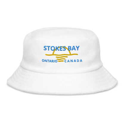 Terry Cloth Bucket Hat with Stokes Bay Ontario Canada with Sunset Logo